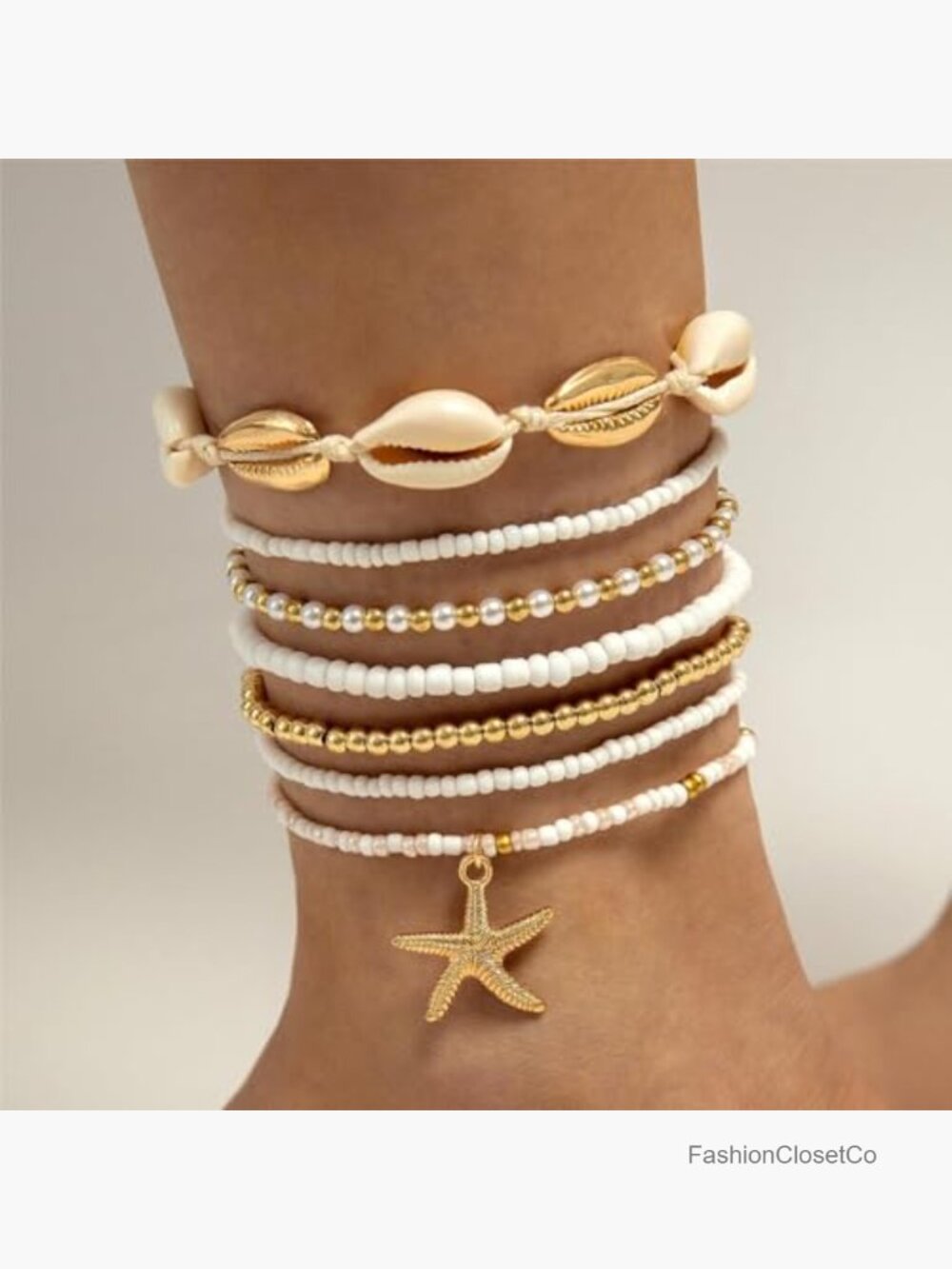 7 Pcs Layered Cowrie Shell & Beaded Ankle Bracelets with Starfish Charm, - Picture 6 of 7
